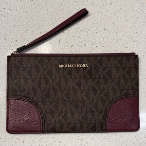 Michael Kors Hattie Large Zip Clutch in Brown and Burgundy